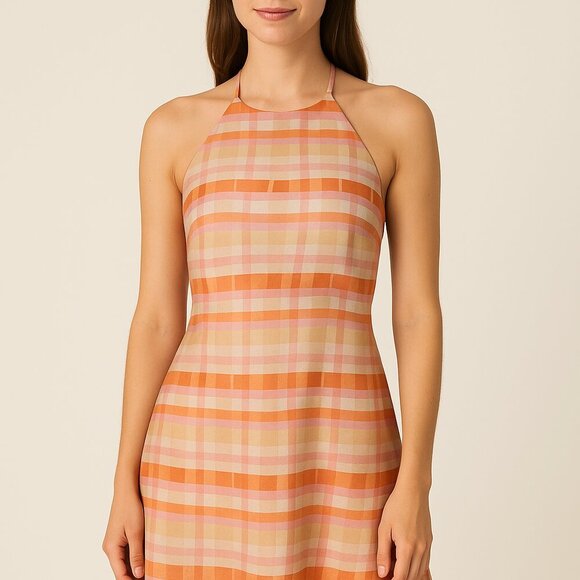 Nia Halter Mini Dress NWOT Satin Look Plaid Orange Pink Size S Sample - Picture 1 of 5